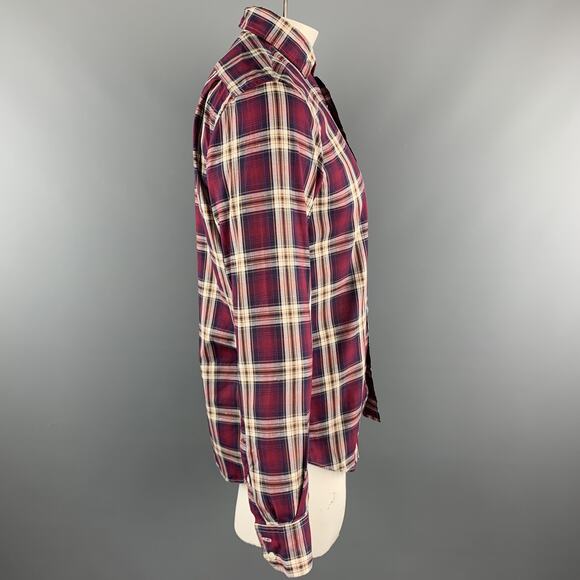 HARTFORD Size L Burgundy Brown Plaid Cotton Button Up Long Sleeve Shirt - Picture 3 of 6